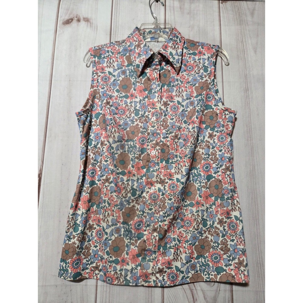 Vintage Sears Perma-Prest Sleeveless Floral Blouse 70s Psychedelic Retro Top M