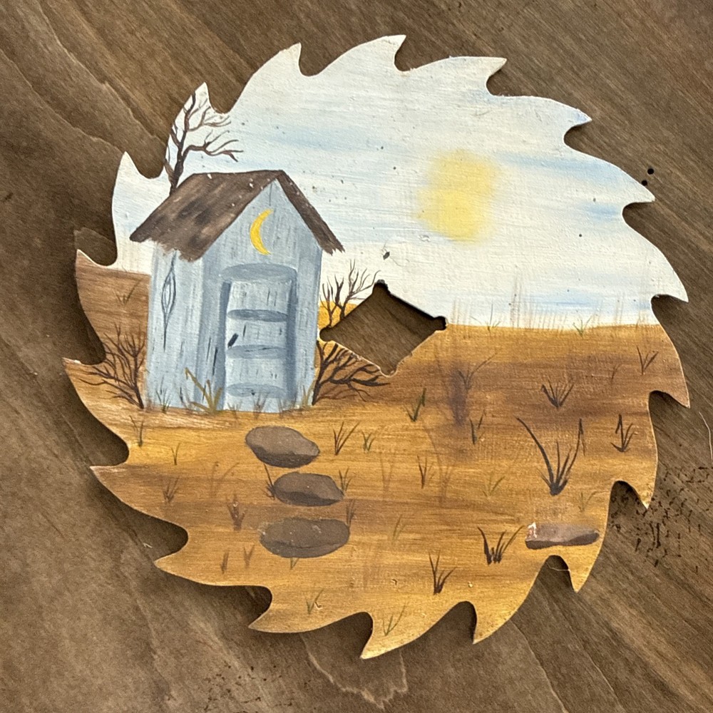 Unique Hand Painted Metal Saw Blade-Rural outhouse/Barn Scene