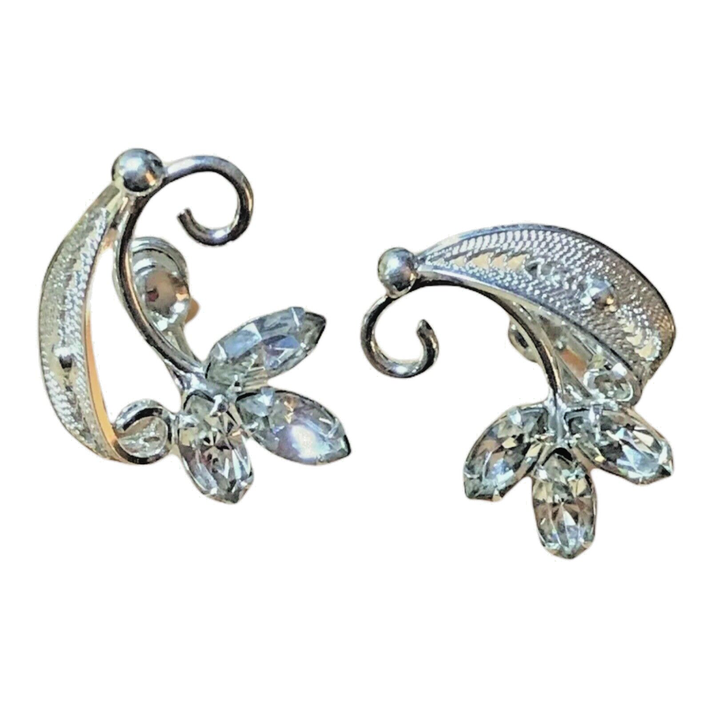 Vintage Sterling Silver Earrings with Clear Rhinestone and Filigree Sorrento Design