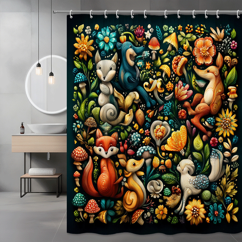 Forest Animals Floral Shower Curtain, Fox Deer Mushroom Print