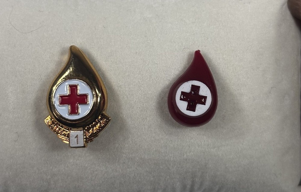 Gold Toned Metallic Red Cross  1 Gallon Blood Donor & Logo Lapel Pin