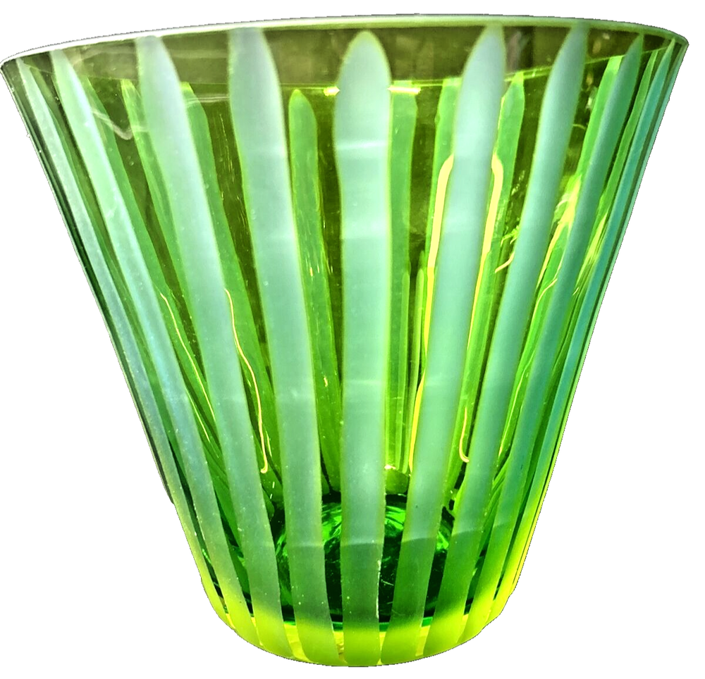 Absinthe Green Glass Bowl Hand Blown Fluted With Etched Blue Striped Pattern-image