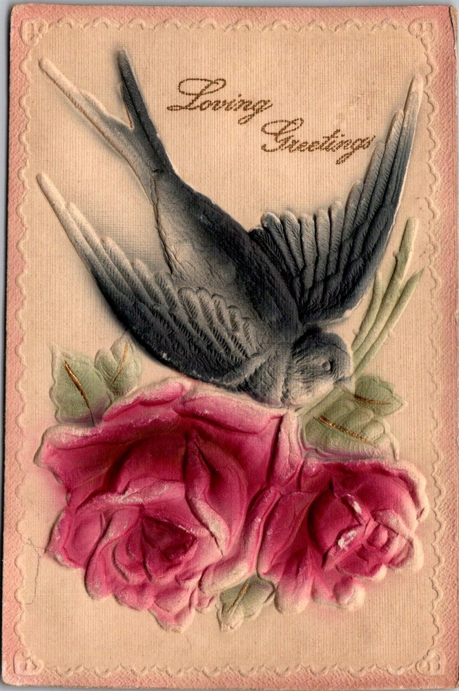 Dr Jim Stamps Vintage Loving Greetings Swallow and Roses Postcard