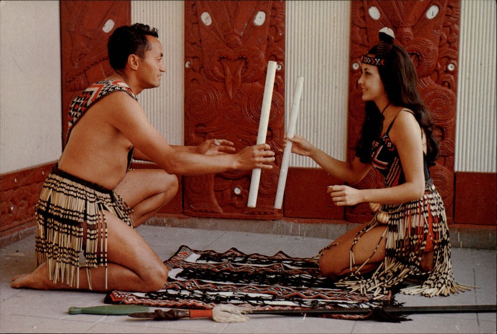 New Zealand Rotorua Maori Traditional Stick Game Map on back ~ postcard sku095