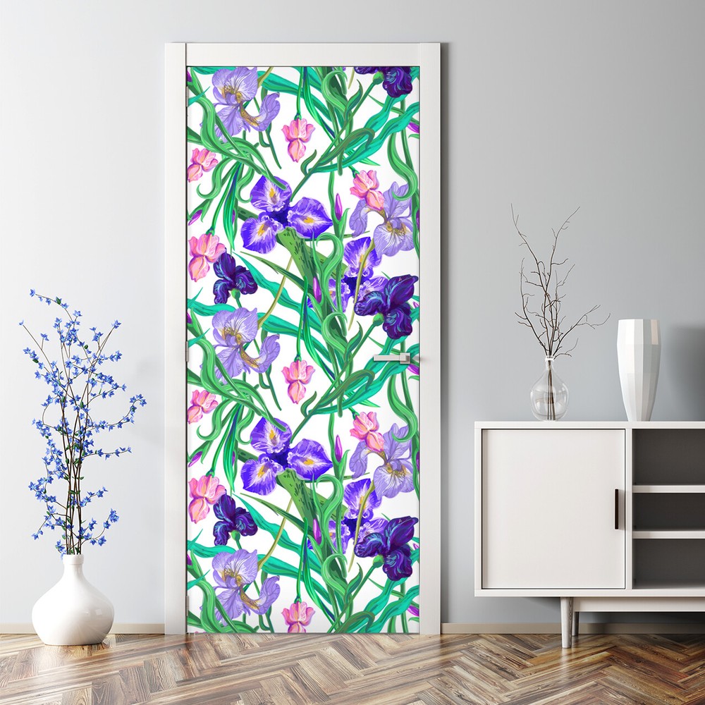 Flowers IRIS Bubble Free Door sticker Floral blue mural Self Adhesive Home Decor