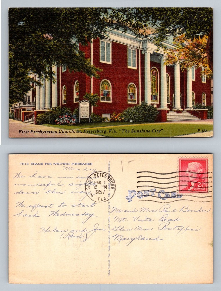 St Petersburg, FL-Florida, First Presbyterian Church Vintage c1957 Postcard