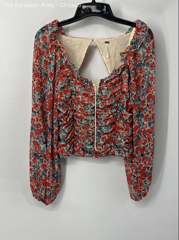 Free People Womens Multicolor Floral Ruffle Long Sleeve Blouse Top Size Large