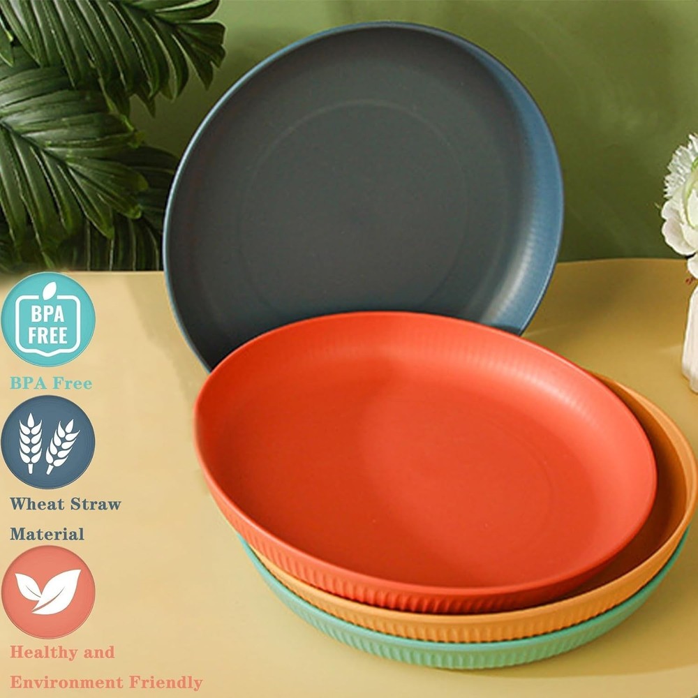 Dinner Plates Set of 4, 8 Inch Plastic Plates Reusable Wheat Straw Plates