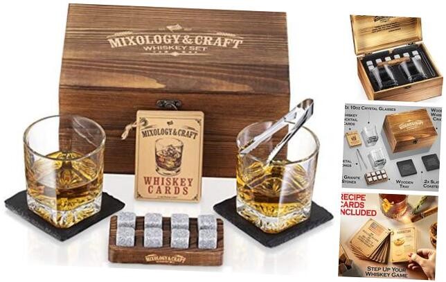 Whiskey Stones Gift Set with 8 Granite Cubes and 10 oz Glasses for Men