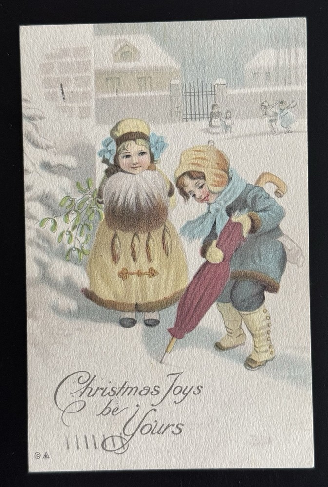 Vintage 1915 Christmas Postcard - Girls in Snow with Umbrella and Hand Muff