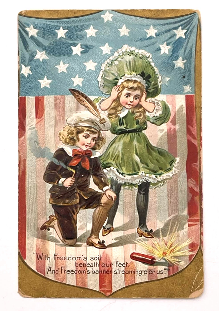 Antique Embossed Tuck’s Postcard Independence Day Children Firecrackers