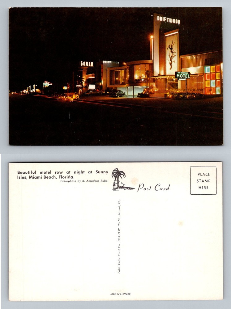 Sunny Isles, FL-Florida, Motel Row At Night Driftwood Motel Vintage Postcard