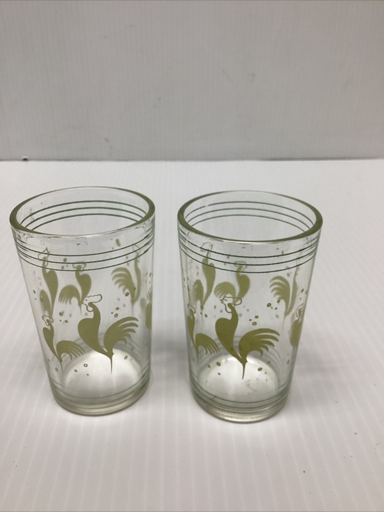 Vintage Set of Two Hazel Atlas Swanky Swig Juice Glasses~Yellow Roosters ~Kraft