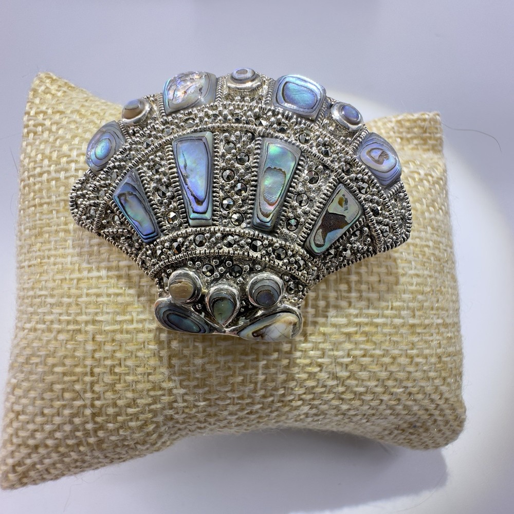Sterling Silver 925 Marcasite & Abalone Clam Shell Brooch/Pin Thailand