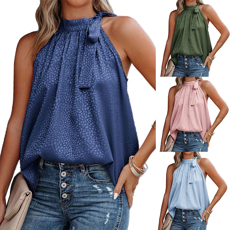 Women's Leopard Print Bow Neck Sleeveless Summer Tank Top