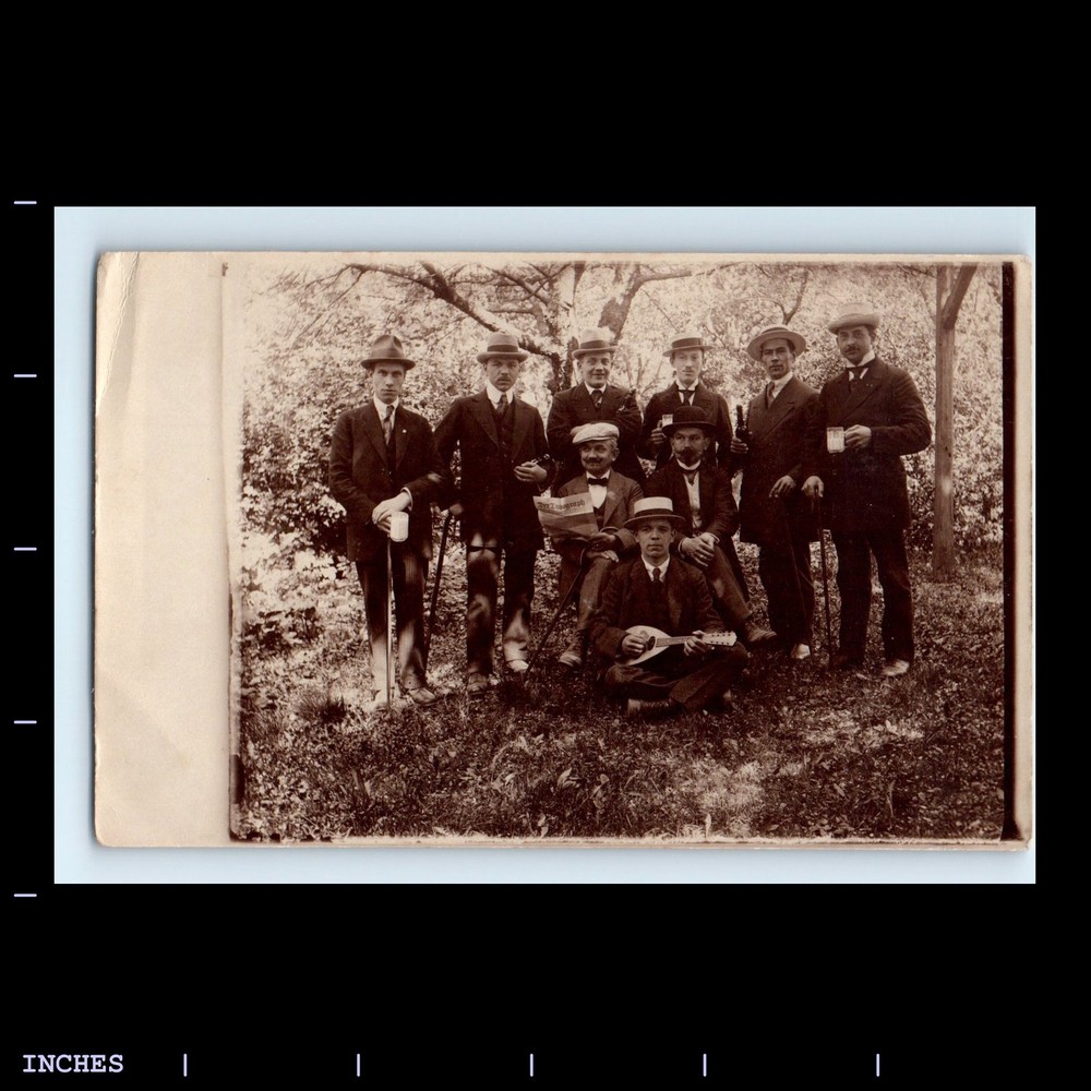 Old Vintage Photo MEN IN FOREST LUTE MANDOLIN 1919