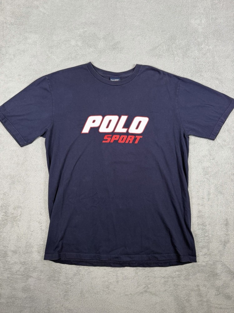 Vintage Polo Sport Ralph Lauren T-Shirt Mens L Navy Blue Spell Out Tee