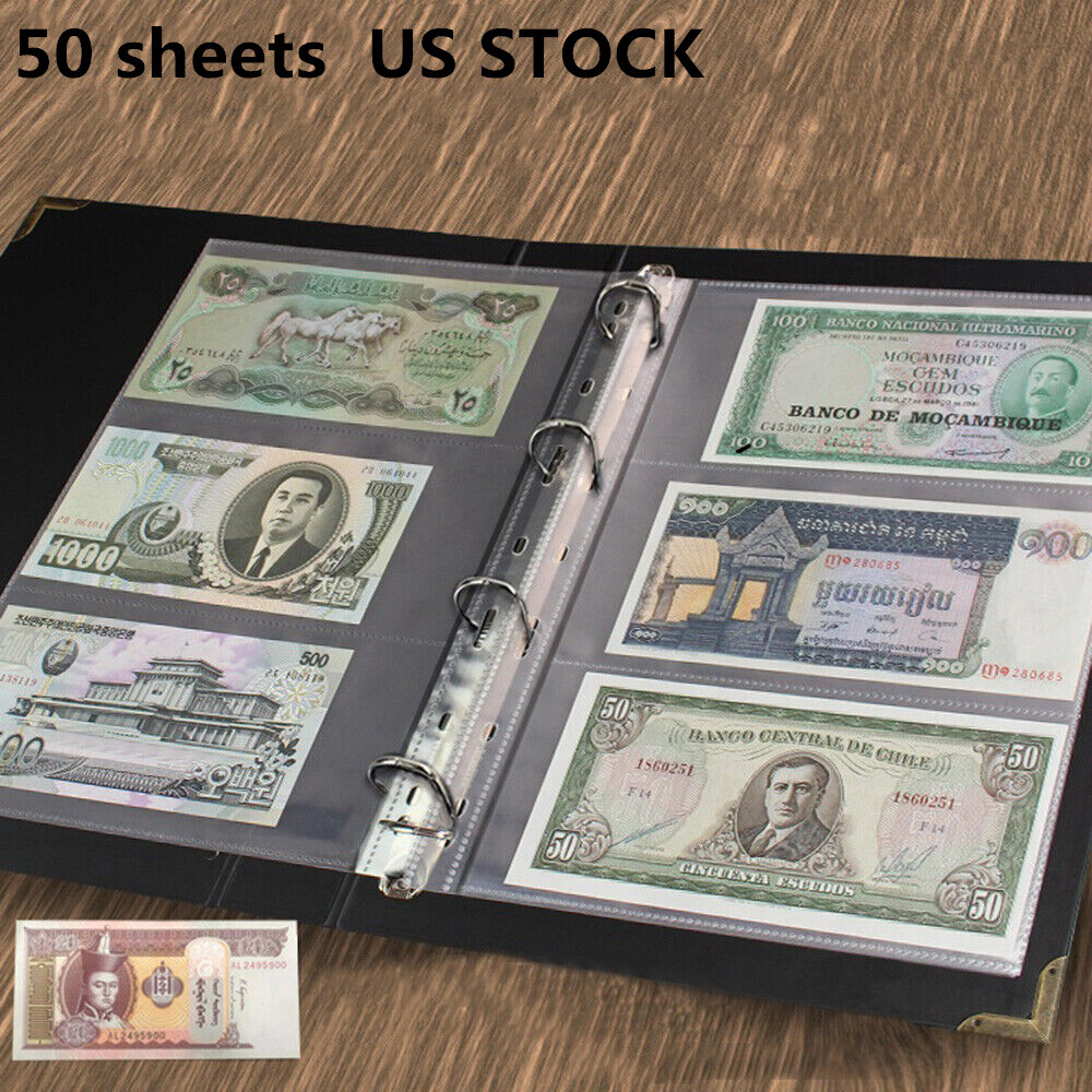 50 Sheet Currency Page Money Banknote Album Book Loose Leaf Storage Protector US
