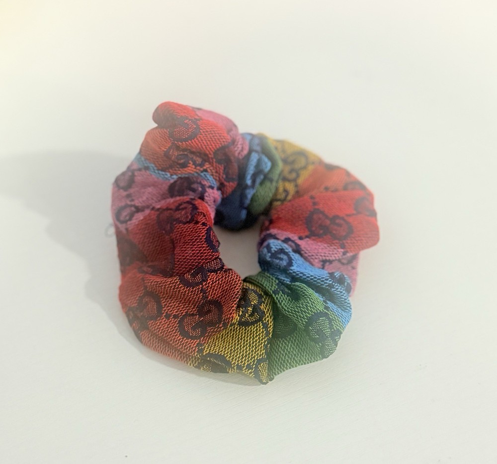 Gucci Multicolor Logo Print Fabric Scrunchie Hair Accessory for Women Teens