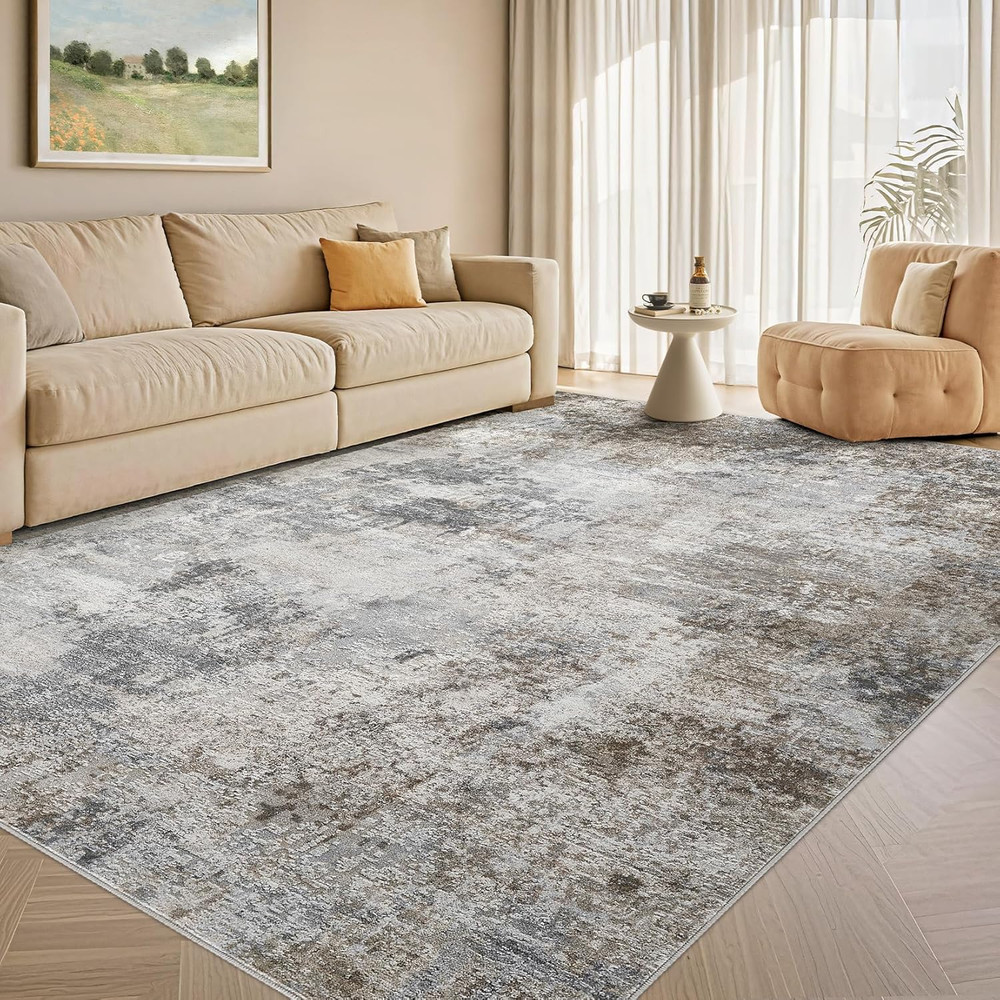 Washable 5X7 Area Rug for Living Room: Modern Abstract Neutral Large Soft Thin R