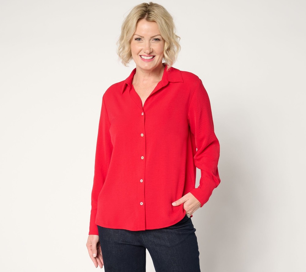 Susan Graver Women's Top Sz S Print or Solid St. Tropez Drapey Woven Red A677186