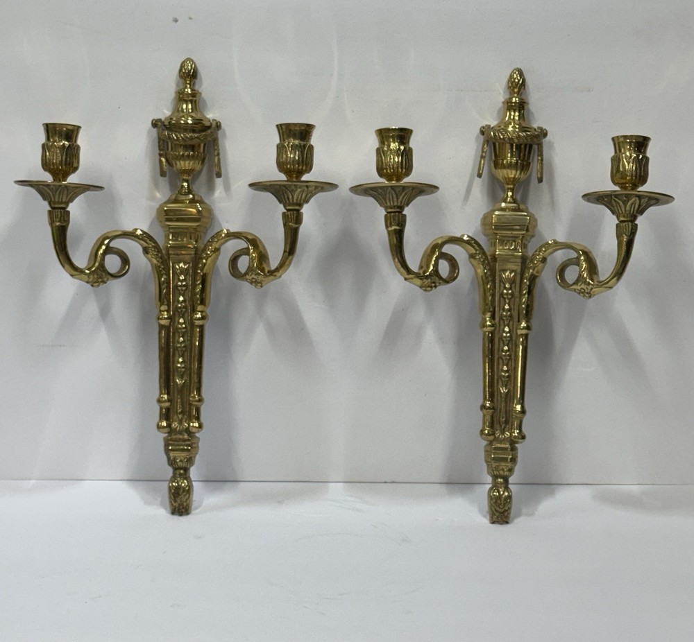 French Style LOUIS XVI Cast Brass Gold Wall Candle Holder Sconce 2 Arm set Of 2