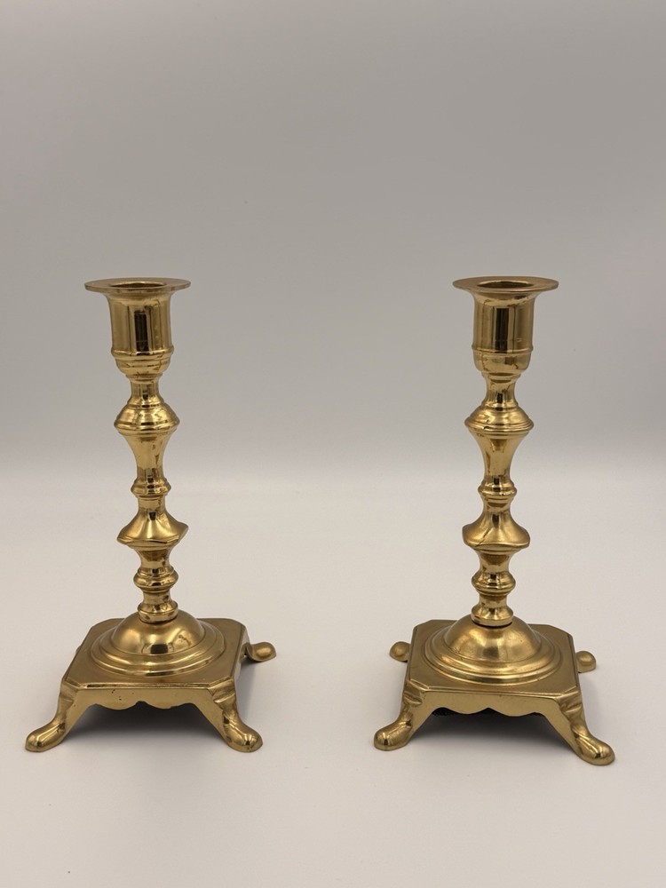 Vintage Solid Brass Candlestick Holders Pair Square Base Lion Claw Feet 7.5