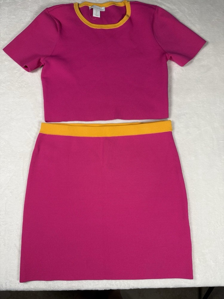 House of Harlow 1960 Pink Knit Crop Top Mini Skirt Set Women’s Large L
