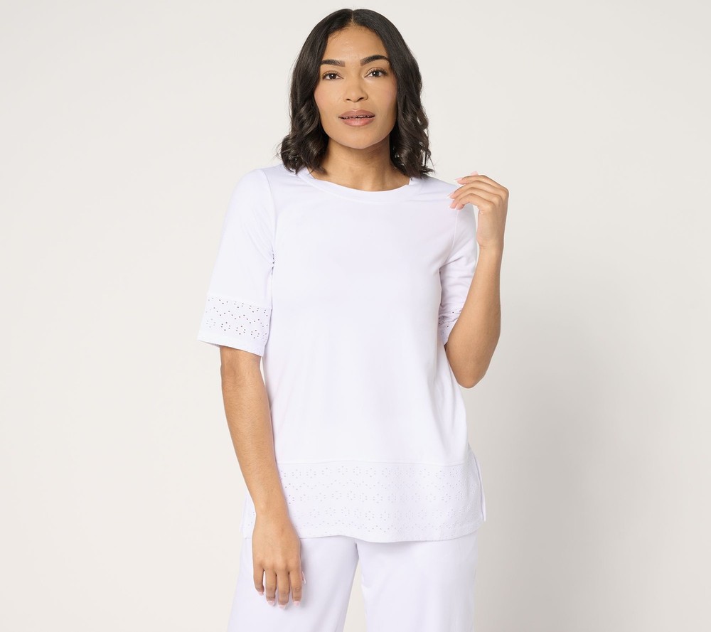 Cuddl Duds Women's Top Sz S Flexwear with Eyelet Crew Neck White A676558