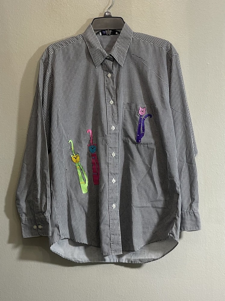 Vintage Las Olas Cats Embroidered Shirt Gingham Button Up Novelty Med