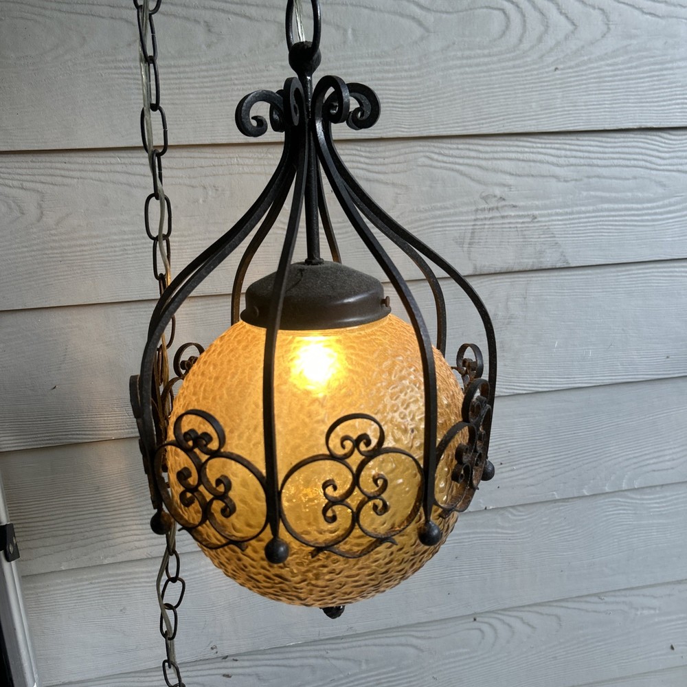 Vtg MCM Amber Glass Globe Hanging Light Wrought Iron Scroll Swag Lamp Chain