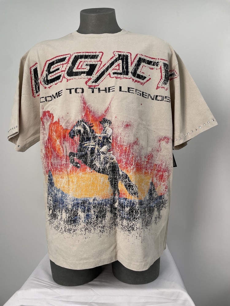 Elite Mens T-Shirt Beige/Multi Size XL Legends Embellished Graphic Print Cotton