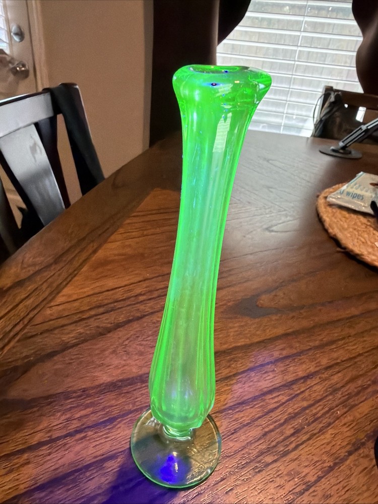 Vintage Green Depression Glass Bud Vase Footed, Paneled Bud Vase GLOWS 8”