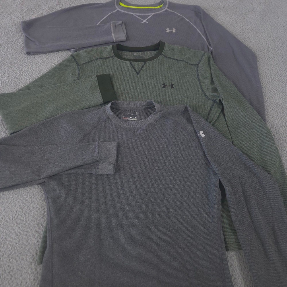 LOT OF 3 Under Armour Shirt Mens Large Gray Green UA Waffle Thermal Crew 2.0