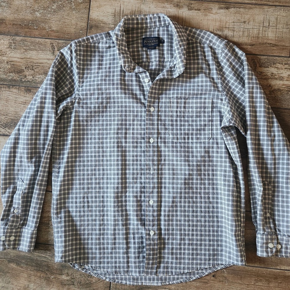 Pendleton Men's Longsleeve Buttonup Plaid White Black Virgin Wool Shirt L Fitted