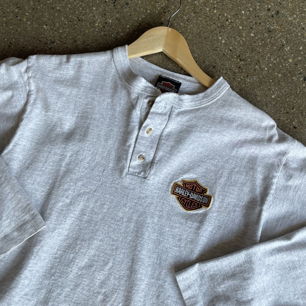 Vintage Harley Davidson Long Sleeve Henley T Shirt Embroidered Gray Size M Y2K