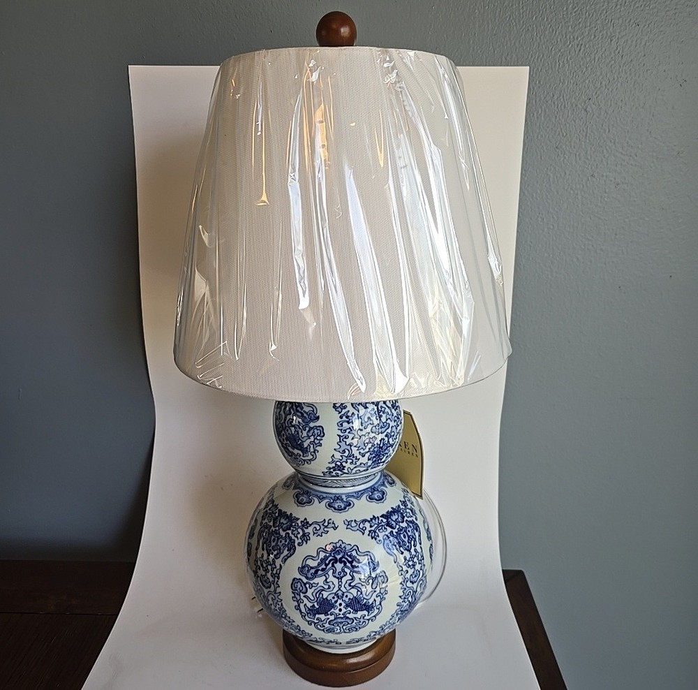 Ralph Lauren 21 In Chinoiserie Blue & White Double Gourd Table Lamp Koi Fish NWT