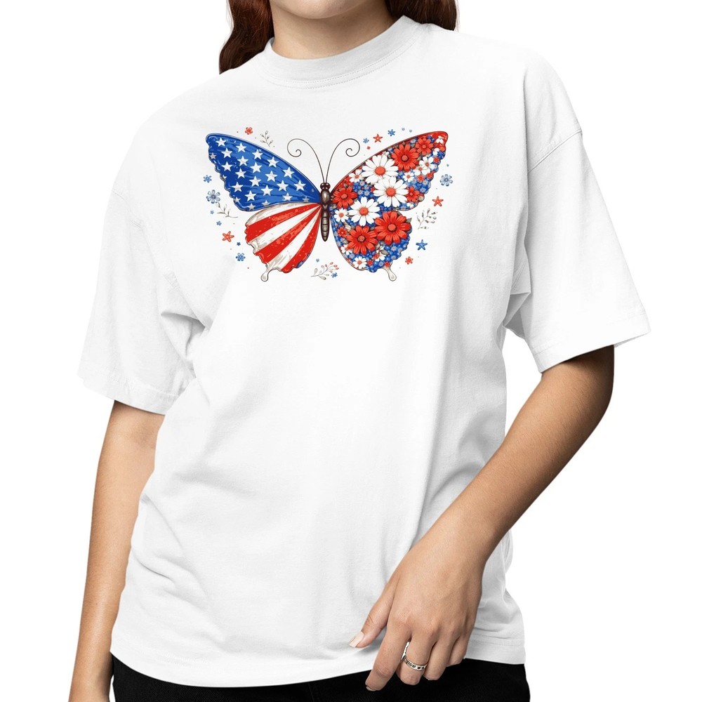 Women's T-shirt Patriotic Butterfly Floral American Flag