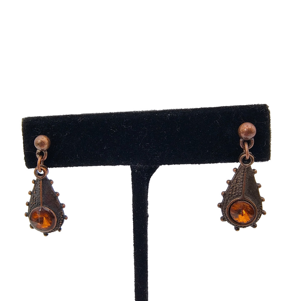 Vintage Art Deco Style Dangle Earrings Copper Tone Amber Glass Rhinestone