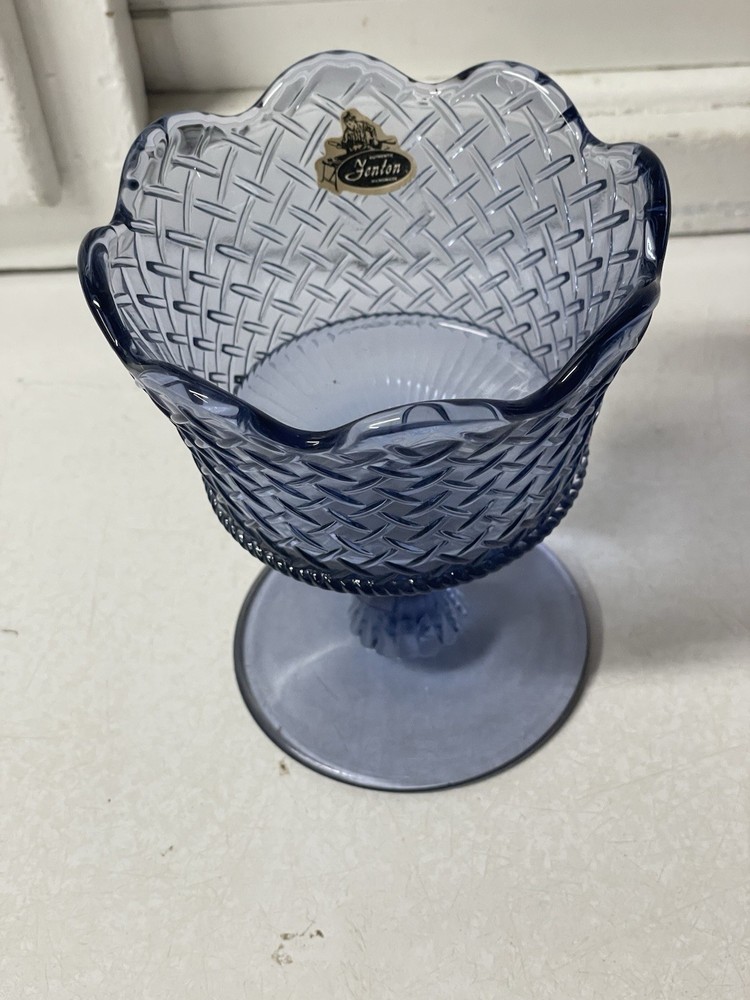 Vintage Fenton Glass Pedestal Compote Bowl Basket Weave Heart & Bow Stem - Blue