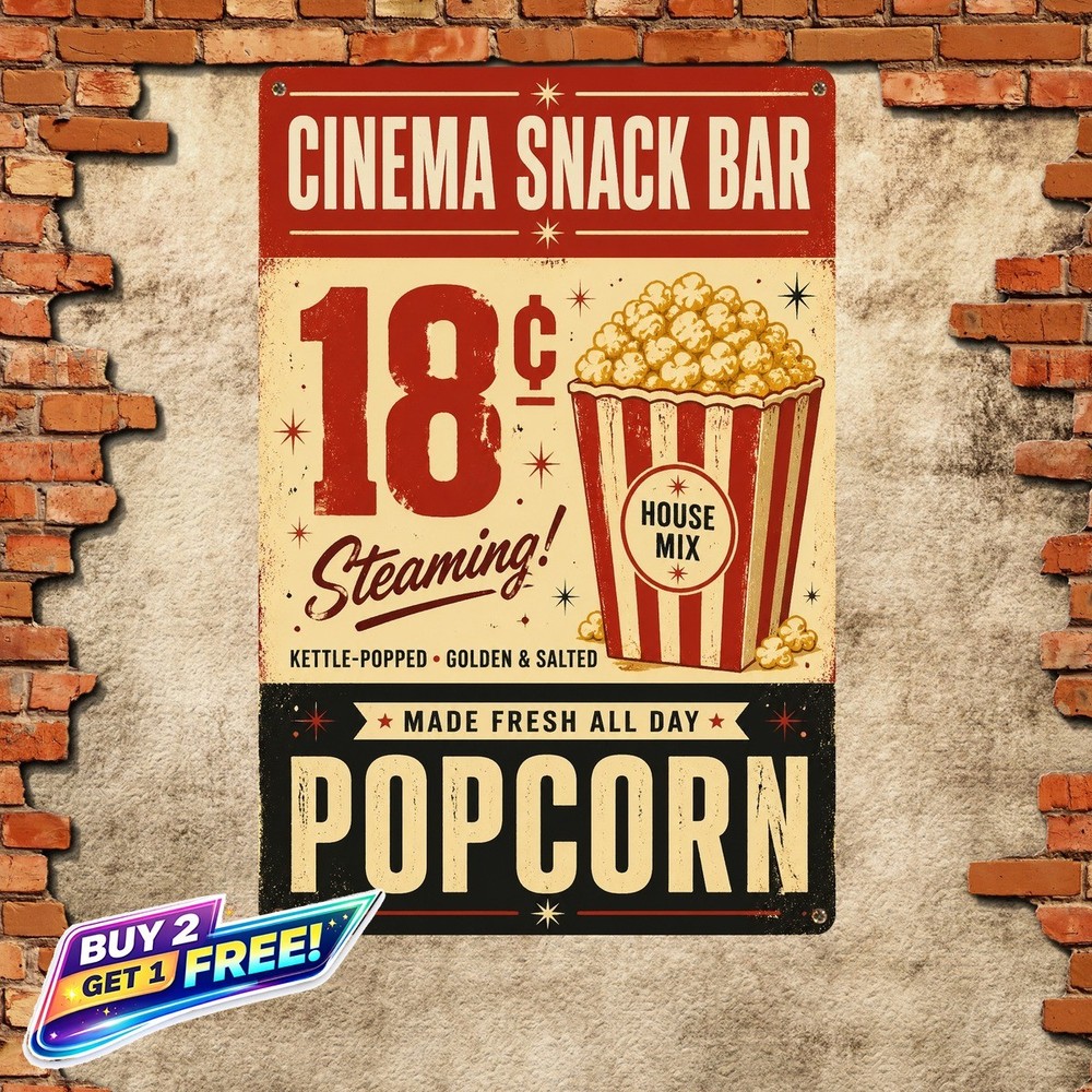 Movie Theater Popcorn Ticket Metal Sign Cinema Room Decor
