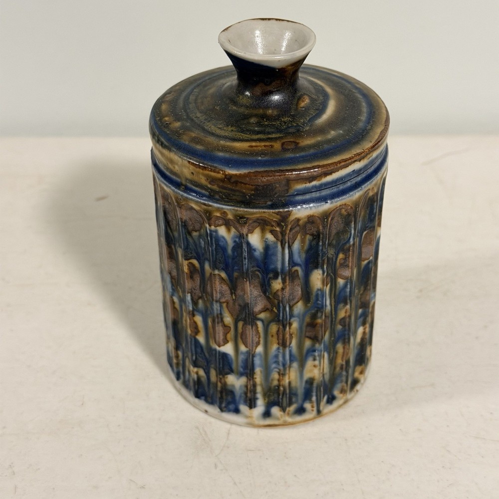 Vintage Otagiri Japan OMC Ribbed Stoneware Bud Vase Marble Glaze Blue Brown 5.5