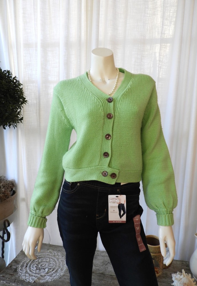 Vtg 1970's Ladies Crop Cardigan Sweater Lime Green Tami Sportswear sz S/M
