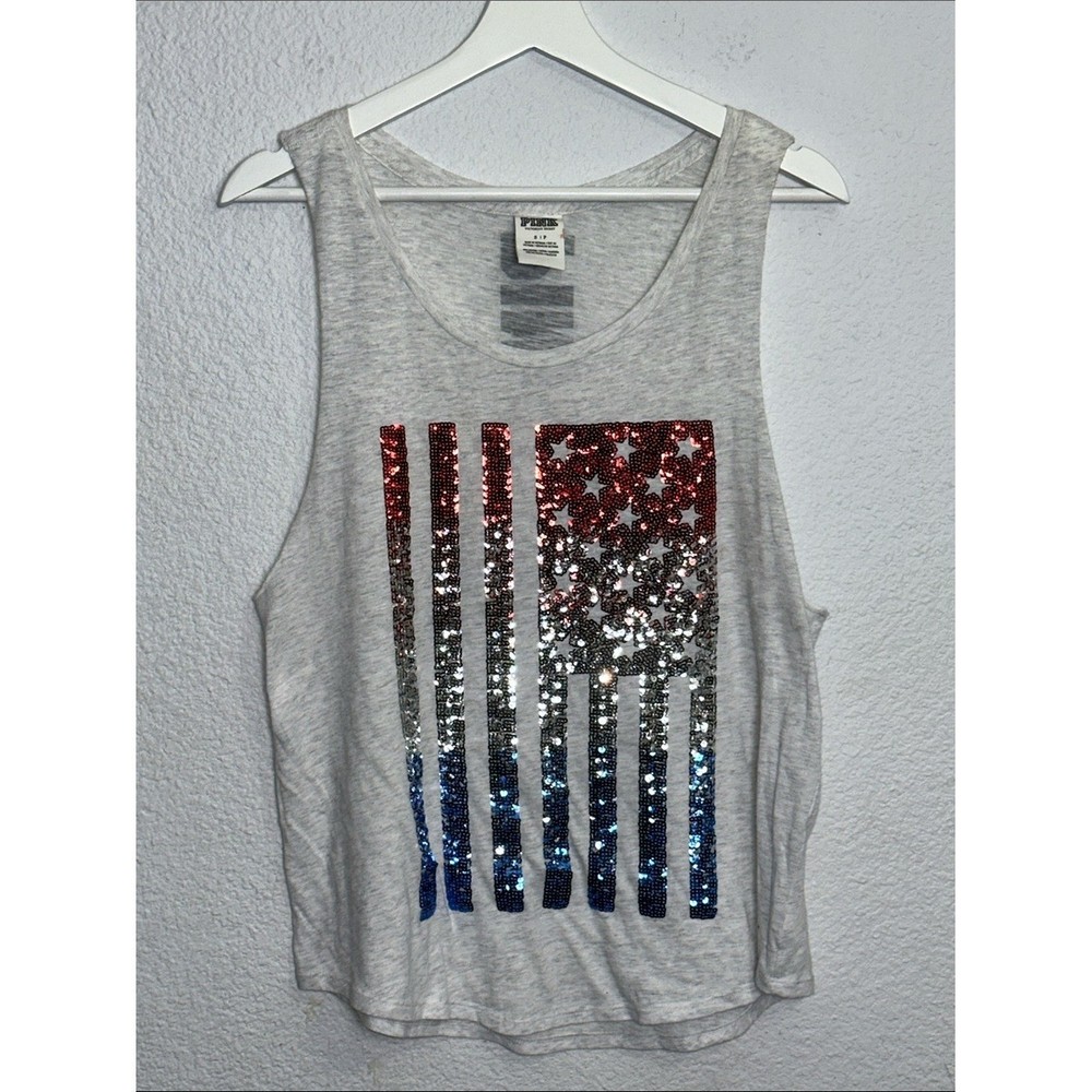 PINK Victoria's Secret Tank Top Womens Small Sequin Flag Graphic USA 4th July