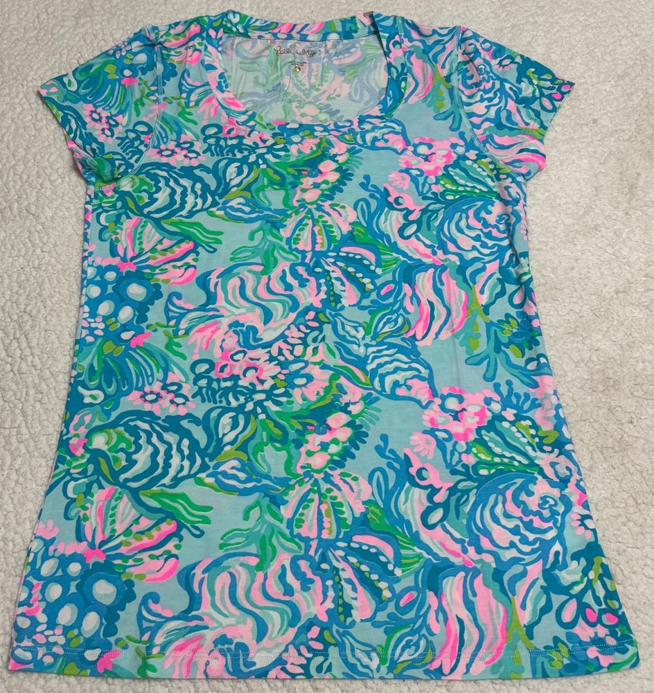 Lilly Pulitzer Shirt Women's Stretch Multicolor Short Sleeve Top Size XL NWOT