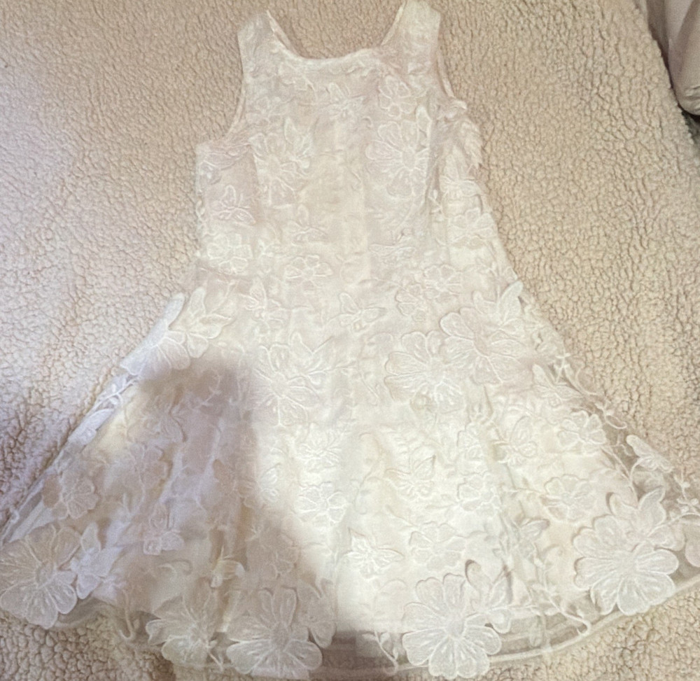 Derhy Kids White Floral Lace Fit & Flare Sleeveless V-Neck Knee Dress 8/10