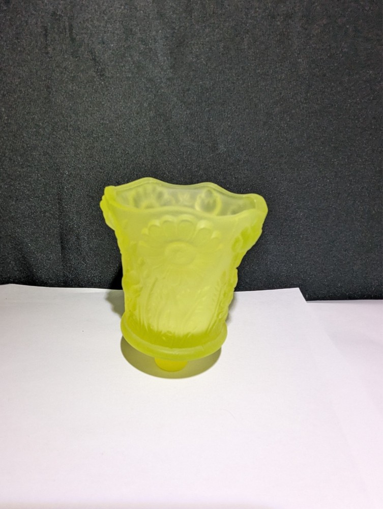 Vaseline Glass Uranium Votive Candle Holder Embossed Floral Design 3