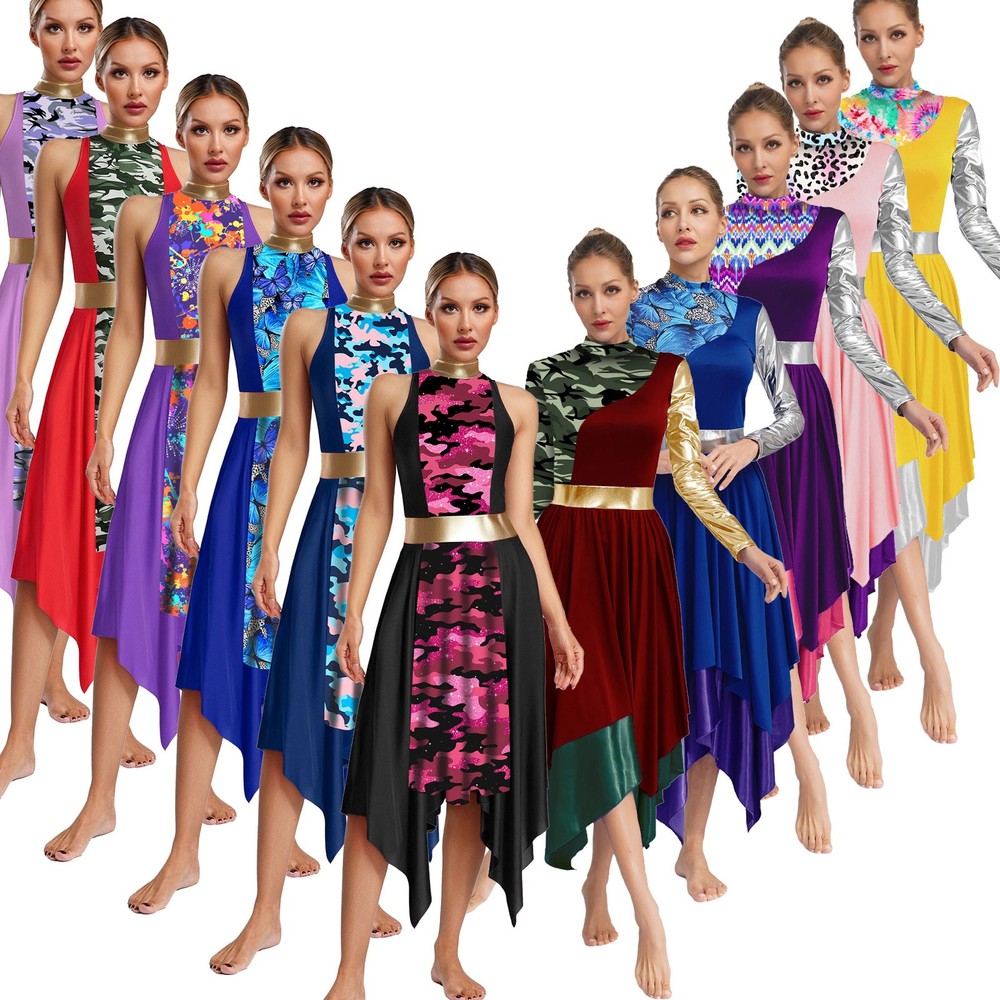 Womens Praise Overlays Tunic Print Patchwork Irregular Hem Worship Lyrical Dress