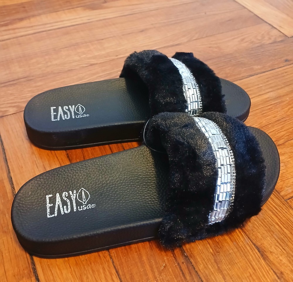 Women's  Faux Fur Rhinestone Slides Sizes 6-11