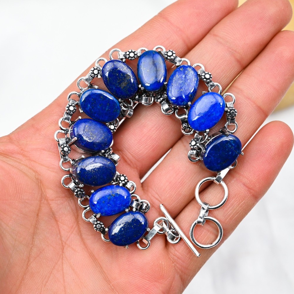 Natural Lapis Lazuli Gemstone Handmade 925 Sterling Silver Jewelry Bracelet Gift